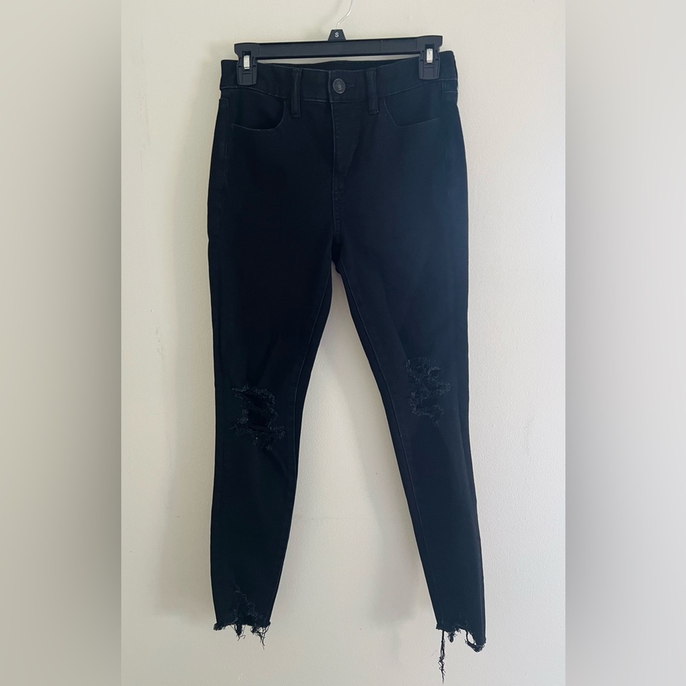 American Eagle Dream Jean Black Distressed Raw Hem Skinny Jeans Size 4